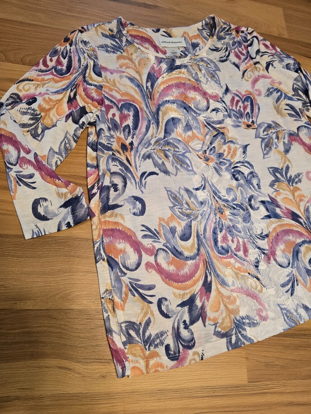 Alfred Dunn Printed 3/4 Sleeve Top in Cream with Blue, Pink & Orange Swirl Print